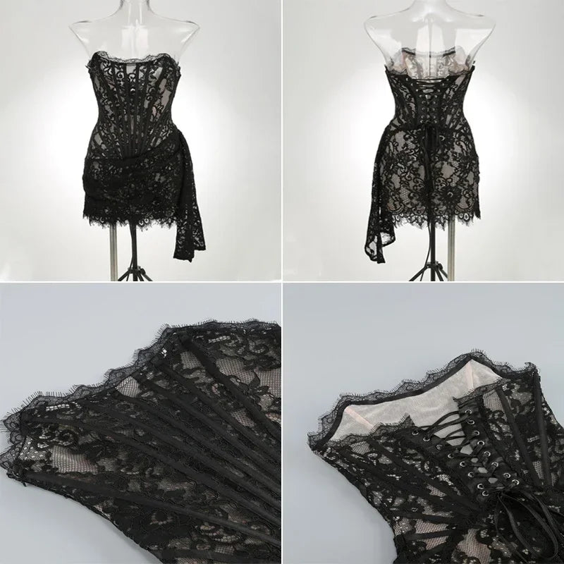 Strapless Lace Mini Dress – Elegant Sheer Patchwork Slim Fit Evening Dress