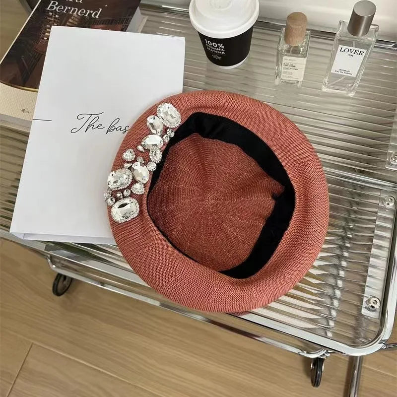 INS Summer rhinestone beret women's new fashion versatile hat thin breathable painter hat handmade rhinestones versatile pumpkin