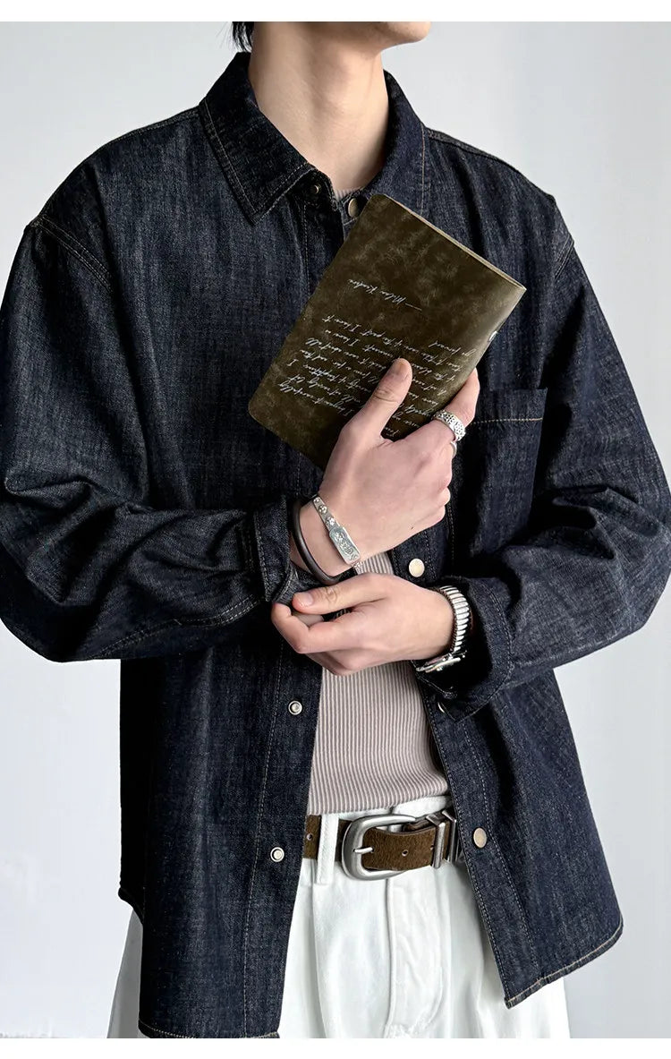 Men's American Vintage Washed Raw Denim Work Shirt Loose Fit Casual Trendy Overshirt Coat Premium Lyocell Spring Fall Streetwear