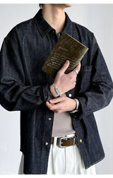 Men's American Vintage Washed Raw Denim Work Shirt Loose Fit Casual Trendy Overshirt Coat Premium Lyocell Spring Fall Streetwear