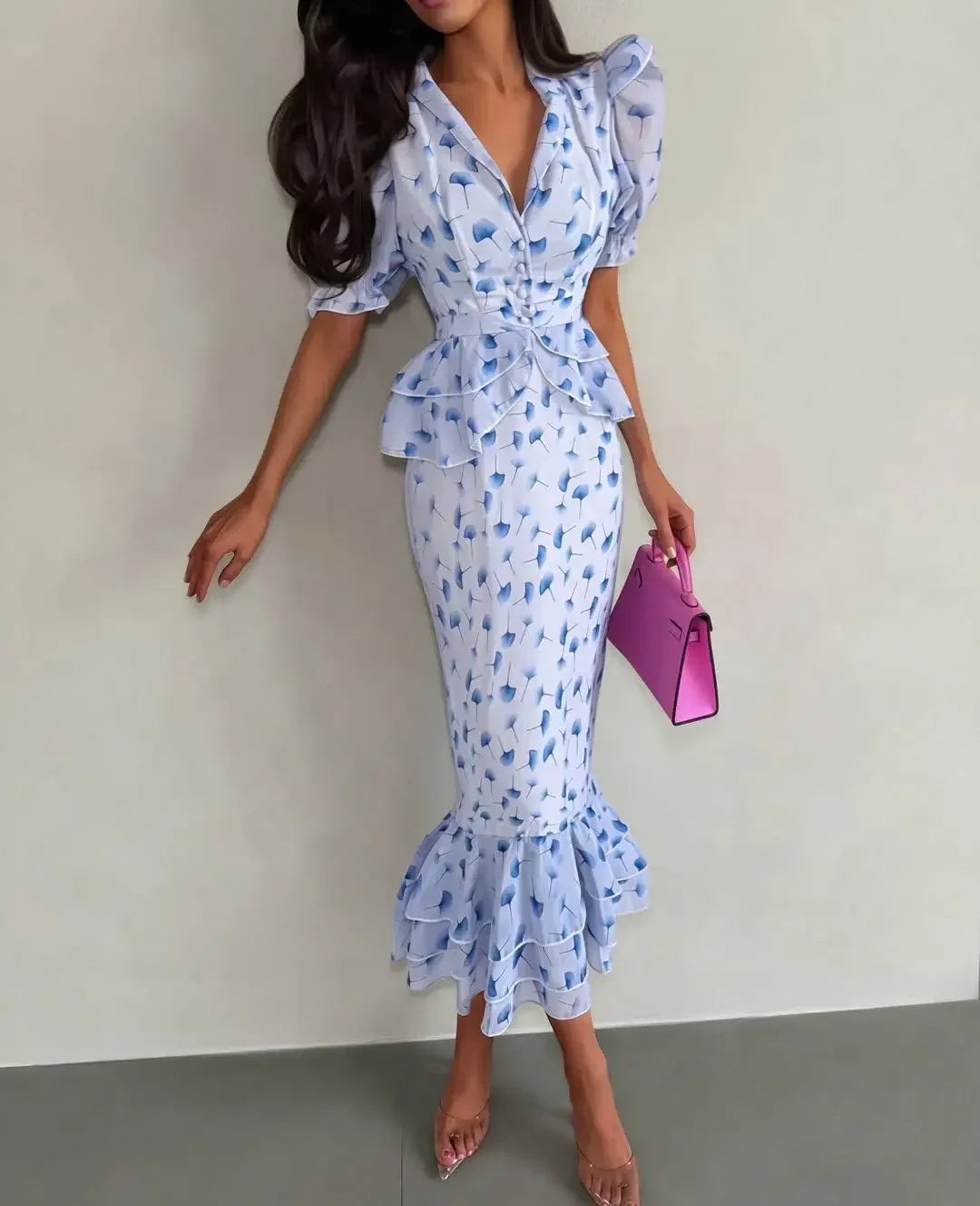 Women Elegant Printed V-neck Dress Chic Lapel Waist Cinched Pleated High Waisted Dresses 2026 Summer New Lady Vacation Gowns