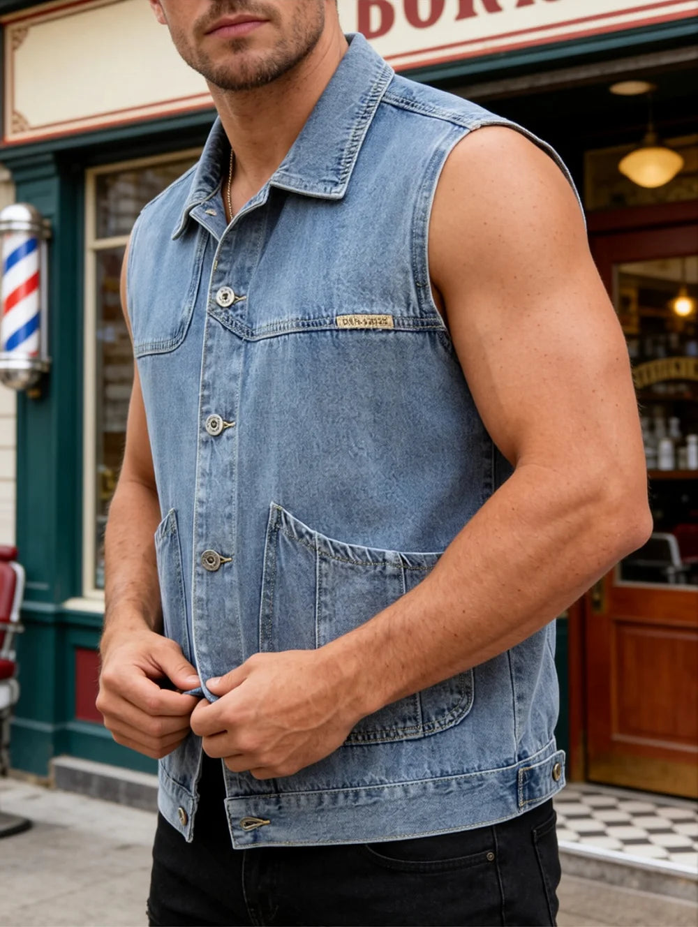 Vintage washed denim vest for men spring and autumn loose workwear sleeveless vest street style versatile layering jacket