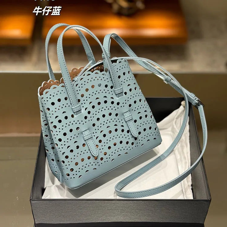 New Tote Bag French Cowhide Handmade Bag Niche Laser Engraved Hollow Leather Vegetable Basket Bag Casual Versatile Temperament