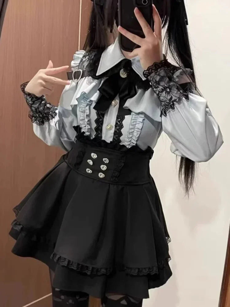 Japanese Y2K Aesthetics Vintage Bow Dress Shorts Set Women Gothic Lolita Style Long Sleeve Shirt Dress Elegant Party Dress Suits