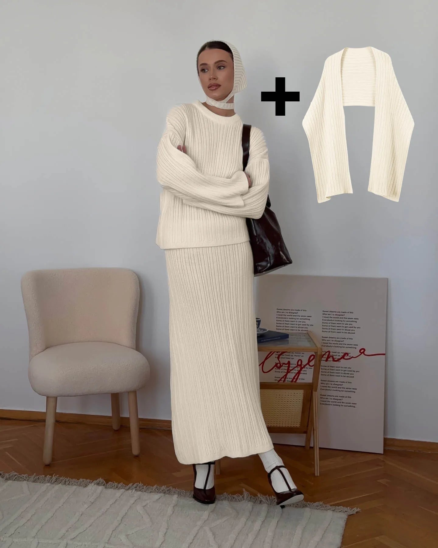 Hirsionsan Sexy Soft Elegant Vintage Women Suits 2 Pieces Female Sets Polo Neck Cardigan Sweater & Midi Dress Knitted TrackSuit