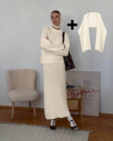 Hirsionsan Sexy Soft Elegant Vintage Women Suits 2 Pieces Female Sets Polo Neck Cardigan Sweater & Midi Dress Knitted TrackSuit