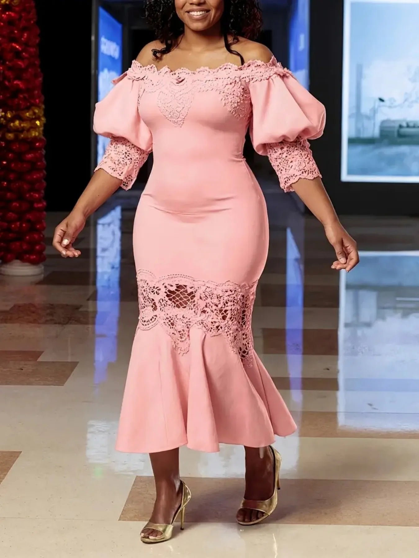 Elegant Lace Off-the-Shoulder Fishtail Evening Gown