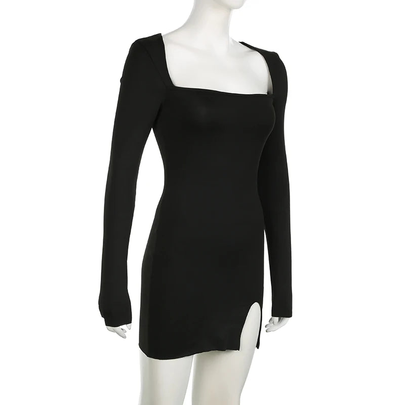Autumn Black Square-Neck Backless Mini Dress - Long Sleeve Slim Fit Streetwear
