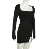 Autumn Black Square-Neck Backless Mini Dress - Long Sleeve Slim Fit Streetwear