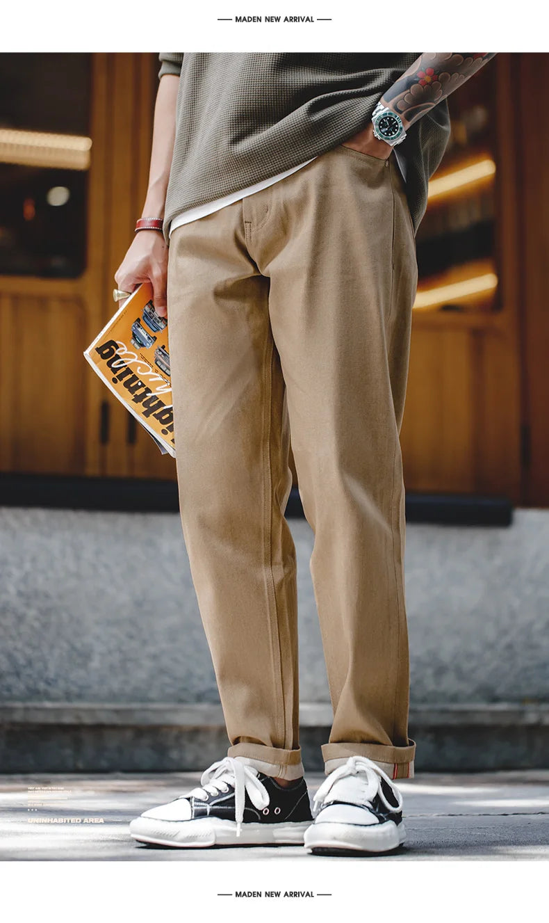 Maden Men's Khaki Selvedge Straight-Leg Jeans