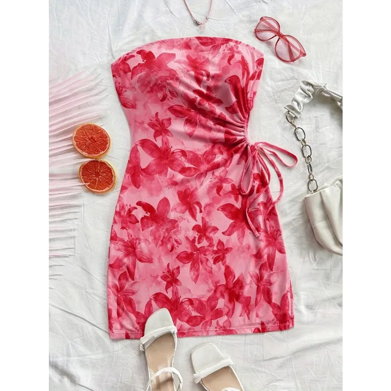Floral Print Ruched Tube Mini Dress