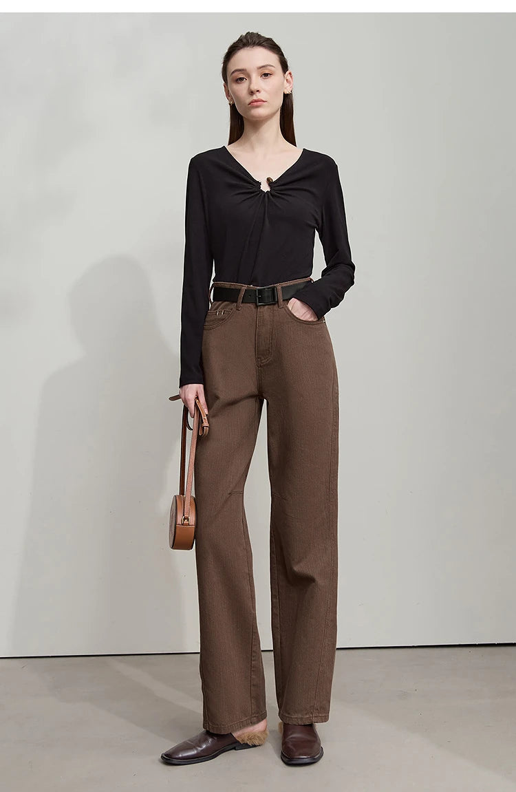AMII Minimalist 2025 Autumn New Arrival Pants Minimalism Retro Casual Office Lady Pure Cotton Jeans Women Denim Trouser 12543141