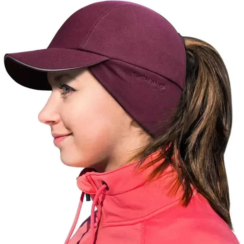 Women's Fleece Ponytail Hat with Ear Warmers & Reflective Cap