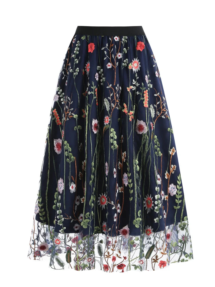 Tonval Floral Embroidered Mesh Midi Skirt – Elegant & Vintage