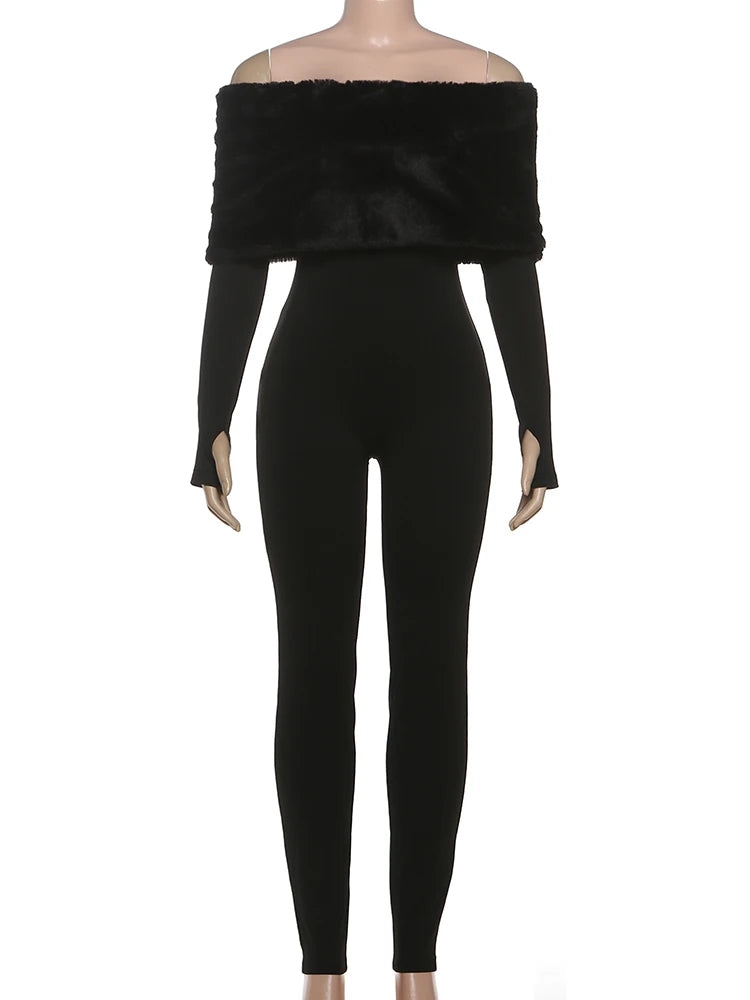 Winter Furry Patchwork Jumpsuit – Slash Neck Long Sleeve Slim Fit Streetwear
