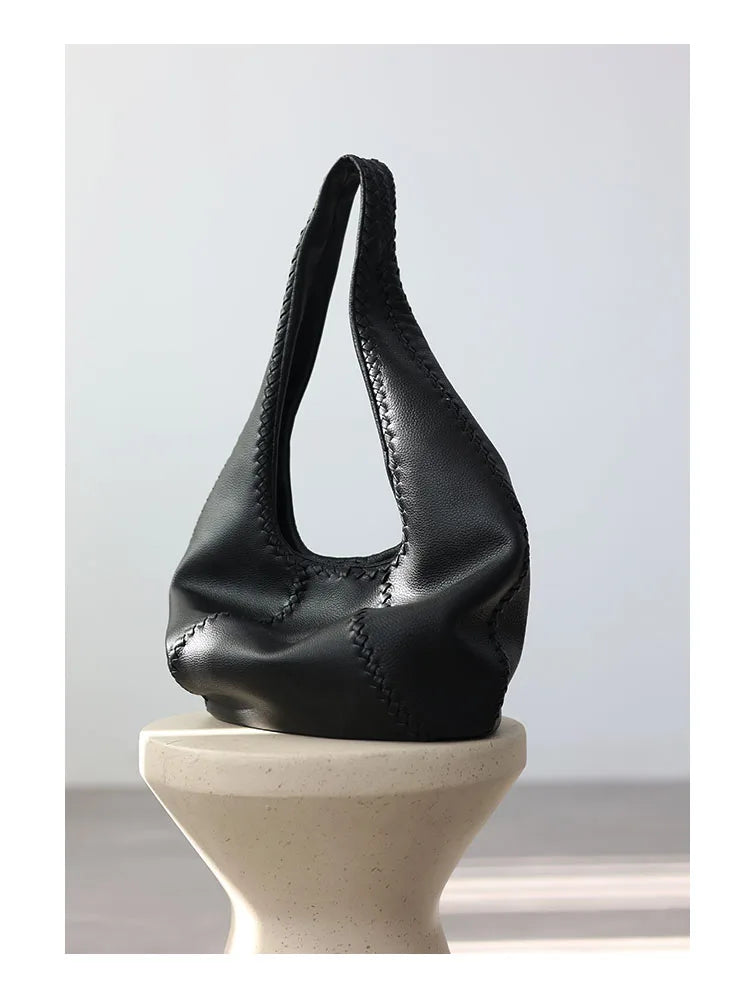 JAZZQ Soft Cowhide Leather Hobo Tote | Hand-Woven Detail