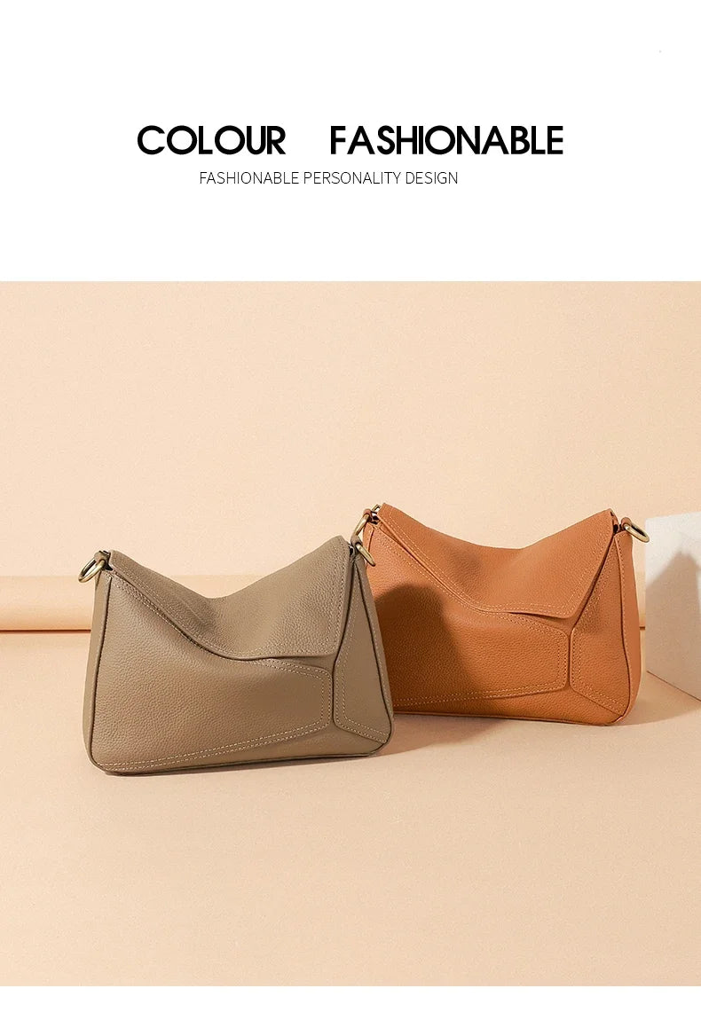 Pure 100% Cowhide Leather Women's Geometric Solid Color Shoulder Bag For Ladies Large Capacity Pillow Crossbody Handbag Luxury