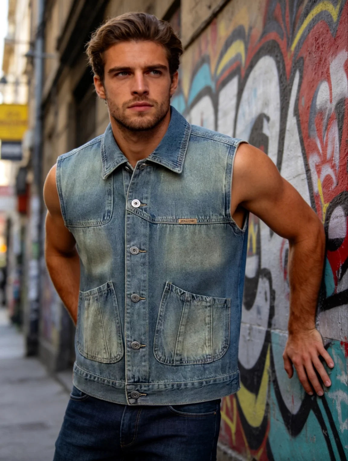 Vintage washed denim vest for men spring and autumn loose workwear sleeveless vest street style versatile layering jacket
