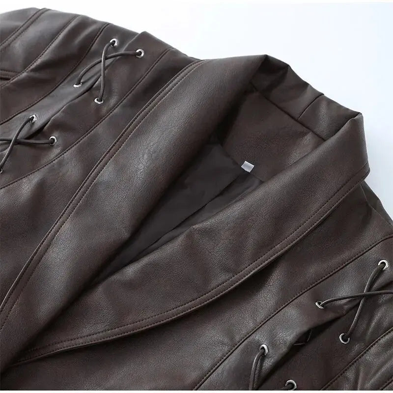 Women Vintage Brown Leather Jacket Lapel Padded Shoulder High Waist Leather Coat With Belt 2025 Lady Autumn Fashion Short Coats