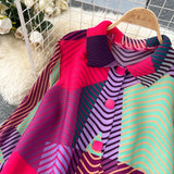 Miyake Pleated Drape Dress – Colorblock Print, 3/4 Sleeve