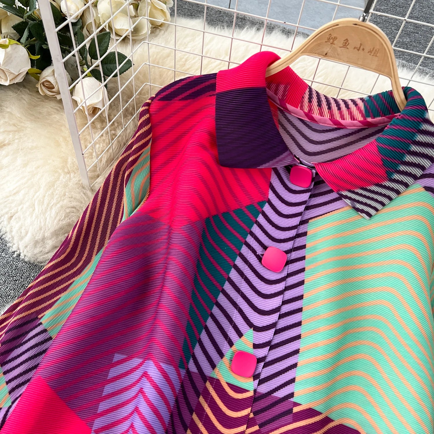 Miyake Pleated Drape Dress – Colorblock Print, 3/4 Sleeve