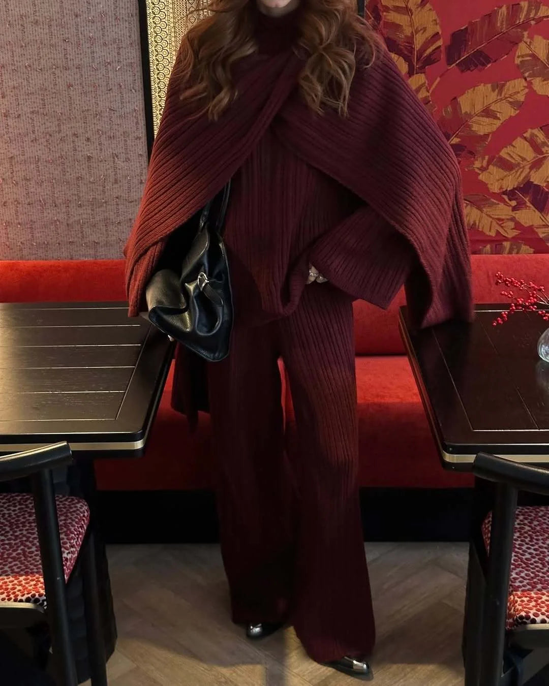 Hirsionsan Sexy Soft Elegant Vintage Women Suits 2 Pieces Female Sets Polo Neck Cardigan Sweater & Midi Dress Knitted TrackSuit