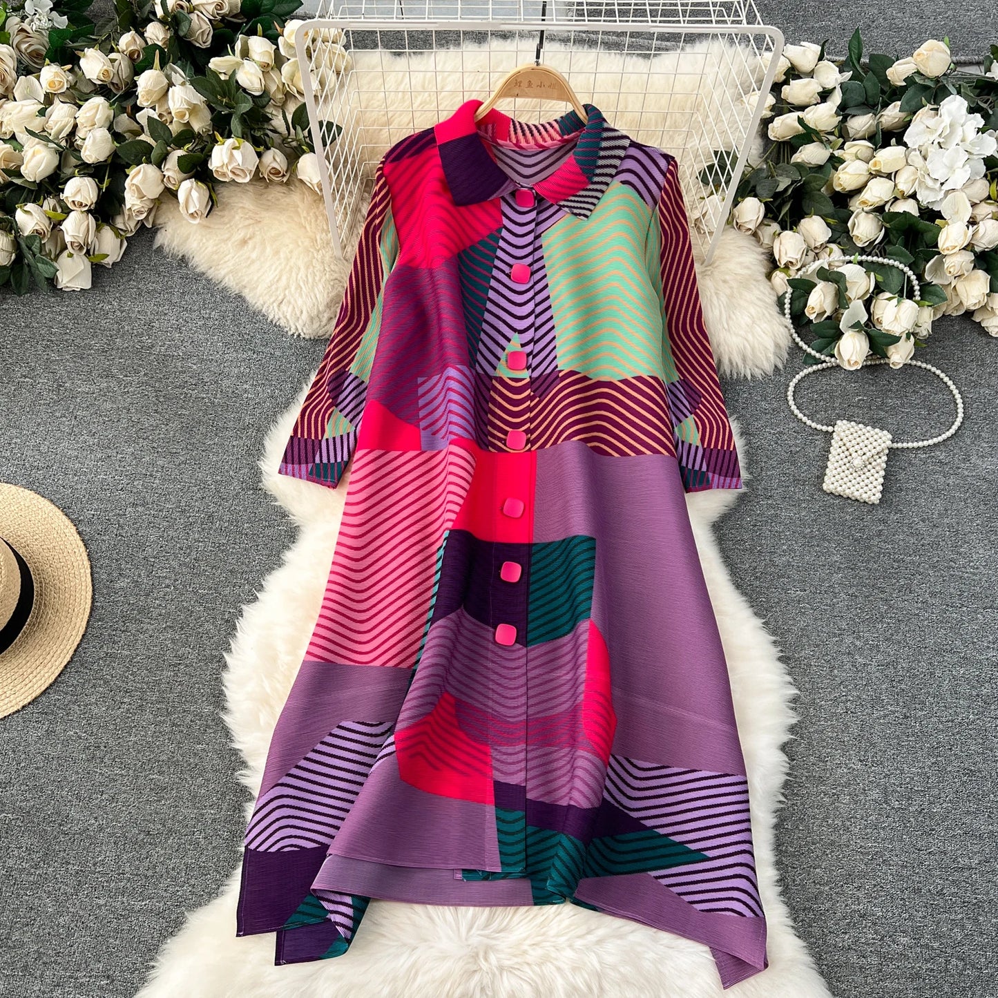 Miyake Pleated Drape Dress – Colorblock Print, 3/4 Sleeve
