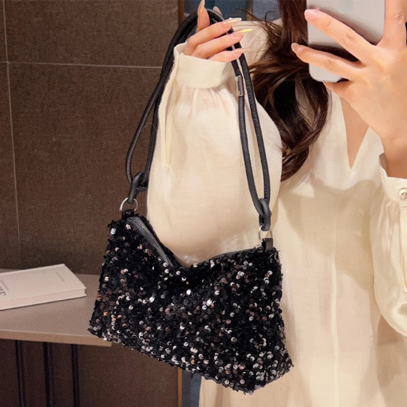 Daily Trendy V-neck Sequins Mini Underarm Bag Soft Lining, Simple Party Handbag for Women Street Matching Night Events