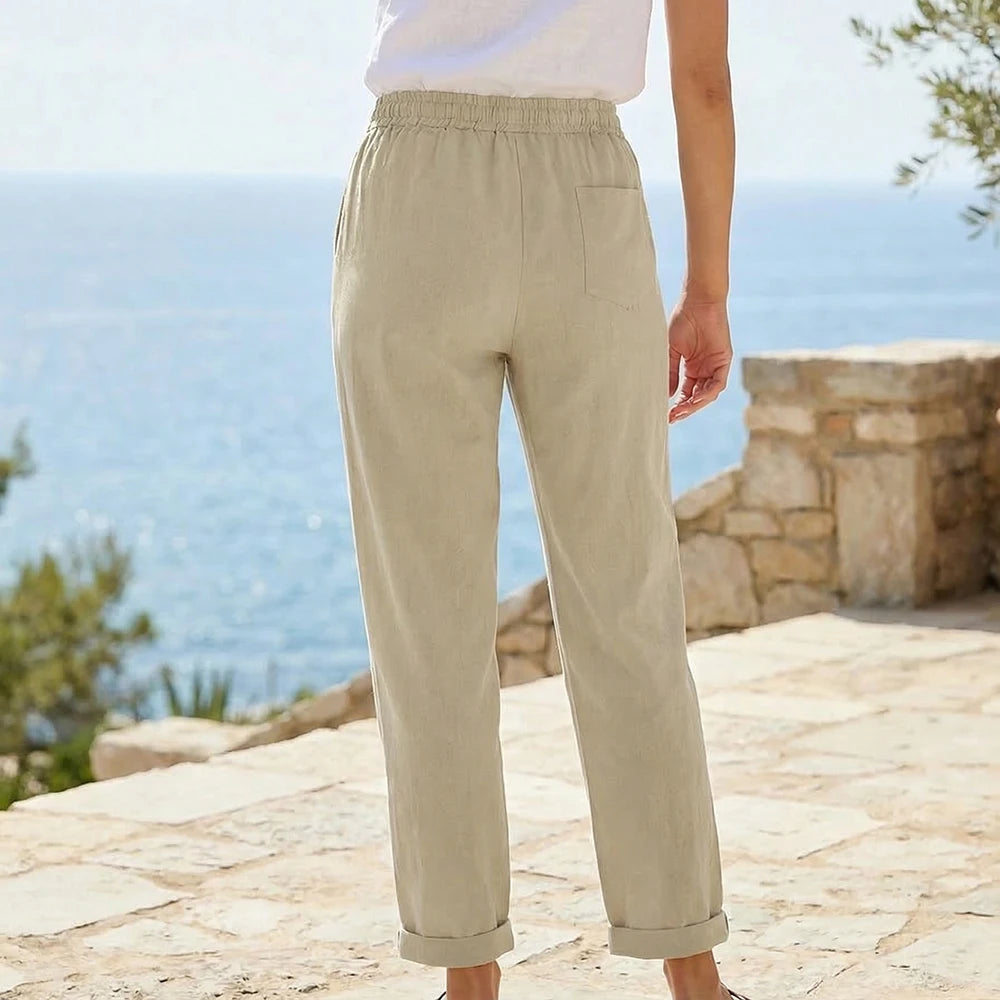 Women's Cotton Linen Elastic Waist Straight Leg Pants