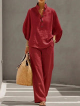 Fashion Cotton Linen  Pant Set  Women's Casual Stand Collar Button Top Wide Leg Trousers 2-piece Set Retro Female Office Suit
