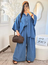 Casual Women's Pants Set Turn-down Collar Shirt Loose Bottom Female Plaid Printing Sets 2026 Summer Fashion Commute Lady Suit