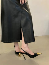 Women's High-heeled Sandals Summer New Metal square Head Patent Leather Black Stiletto Pumps Sexy Party SlingBack Shoes