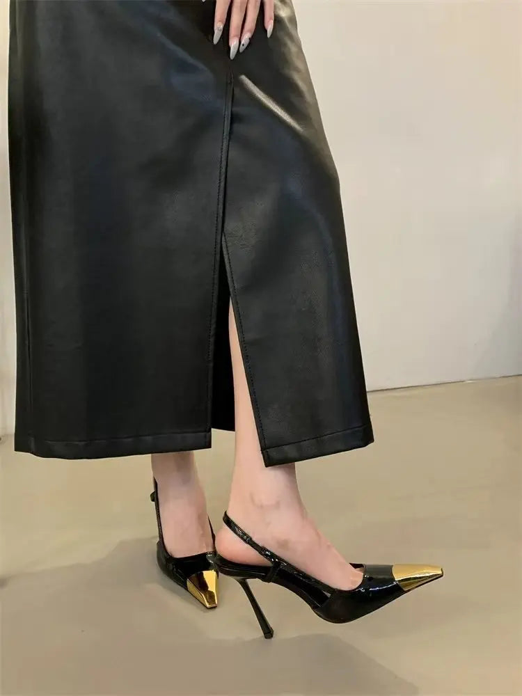 Women's High-heeled Sandals Summer New Metal square Head Patent Leather Black Stiletto Pumps Sexy Party SlingBack Shoes