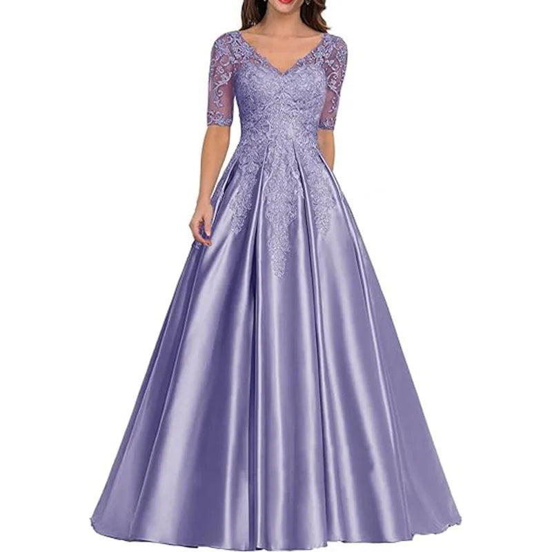 A Line Women Evening Dresses Satin Appliques V Neck Prom Party Gowns Formal Occasion robes de soirée