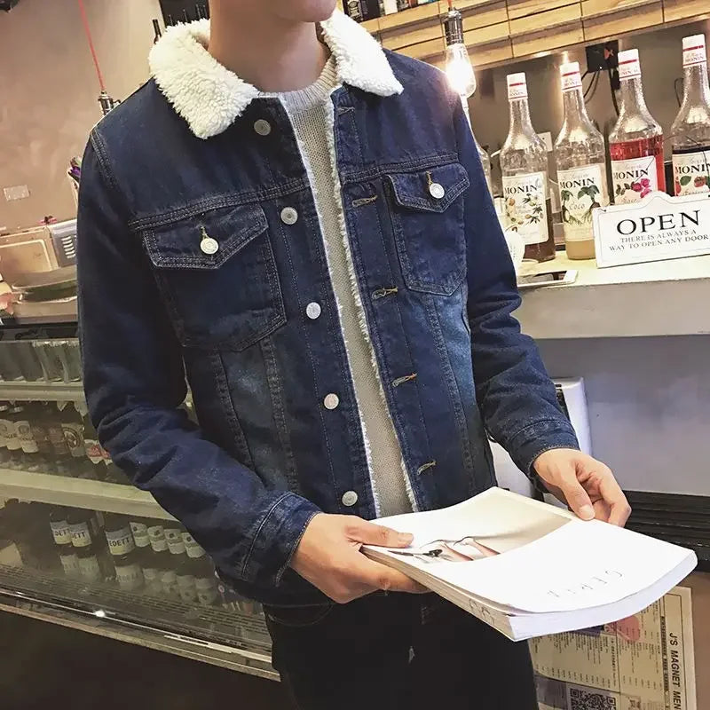 Men’s Winter Sherpa-Lined Denim Jacket – Slim Fit Padded Fleece Coat