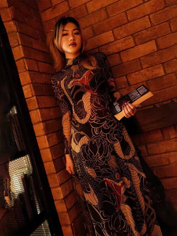 Women's Print Stand Collar Long-Line Slim Dress