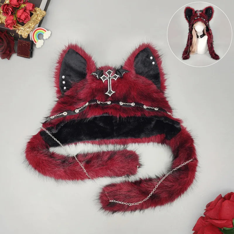 Gothic Plush Cat Ear Beanie – Y2K Punk Warm Cap