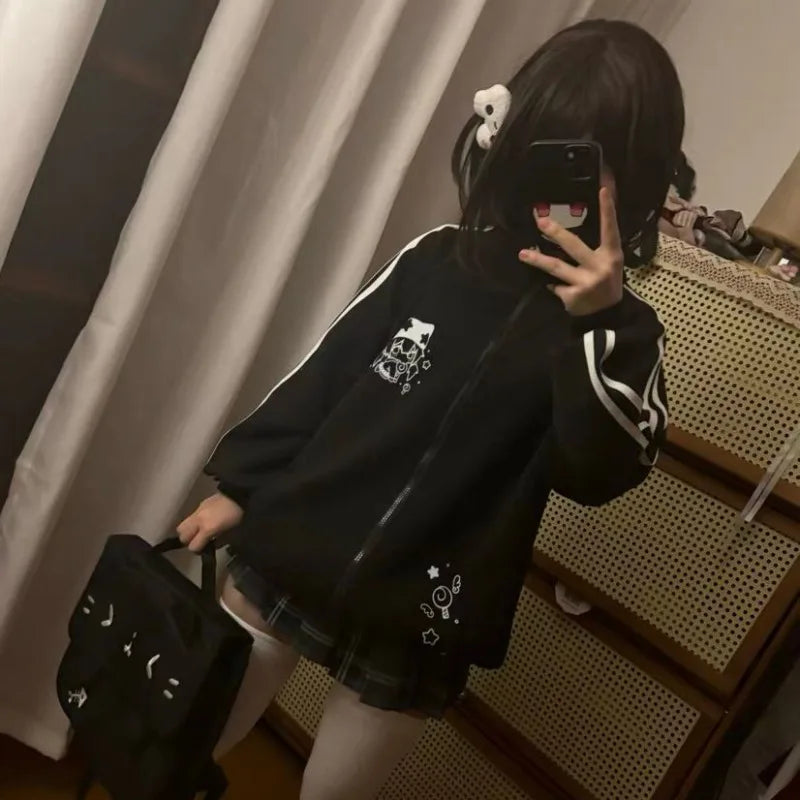 Women's Black Cotton Stand-Collar Zip-Up Jacket