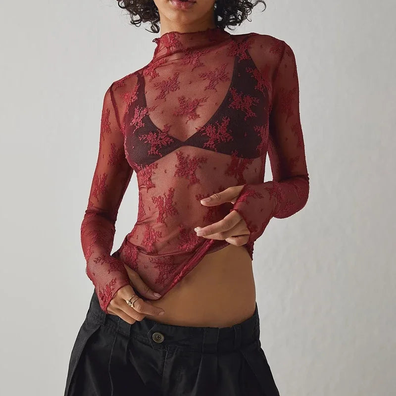 Floral Lace Sheer Mesh Long Sleeve Top
