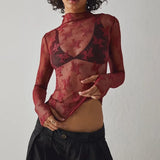 Floral Lace Sheer Mesh Long Sleeve Top