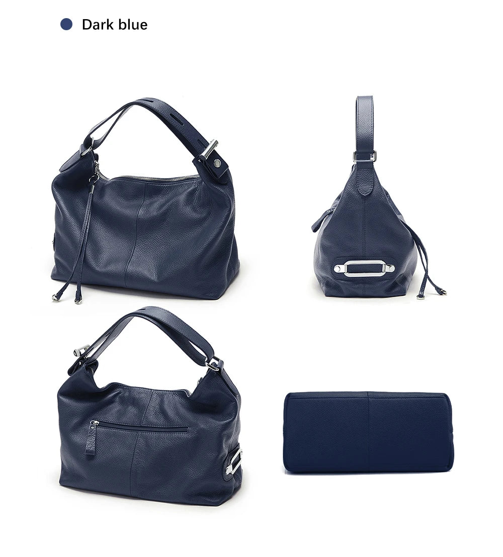 Zency 100% Genuine Leather Large Women Top Handle Shoulder Bag Tote Handbag Purse Black Leather Hobo Bag Underarm Zipper Bags