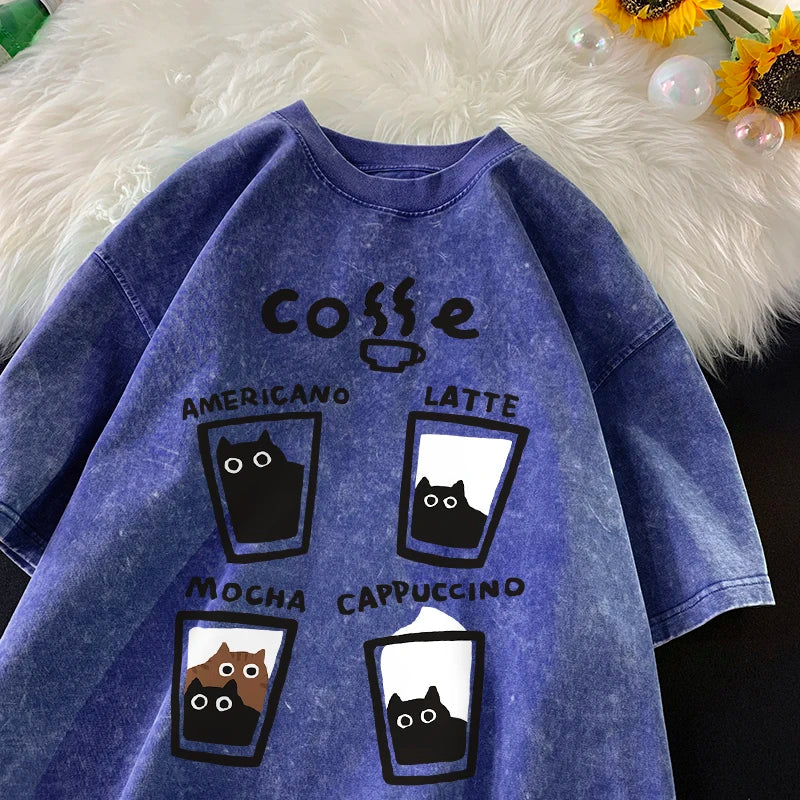 Retro Cat Graphic Cotton Tee – Unisex Harajuku Style