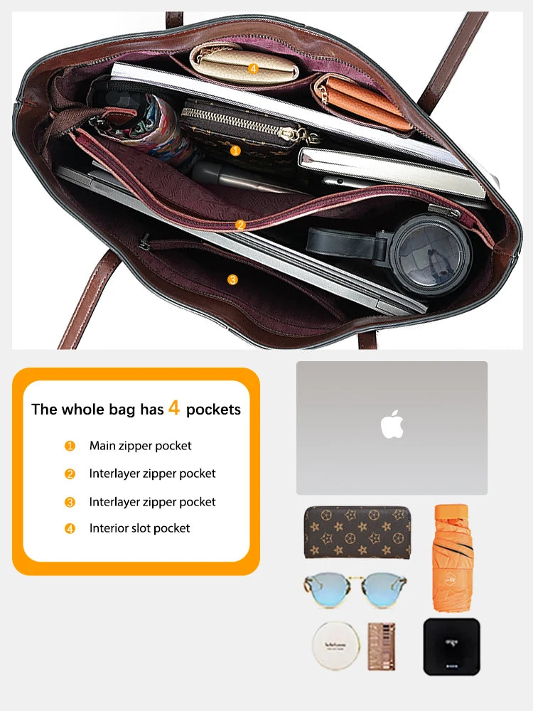 New Coffee Women Handbag 100% Genuine Leather Ladies Shoulder Purse Ladies Black Tote Bag Large Capacity Shopper Bags Brown