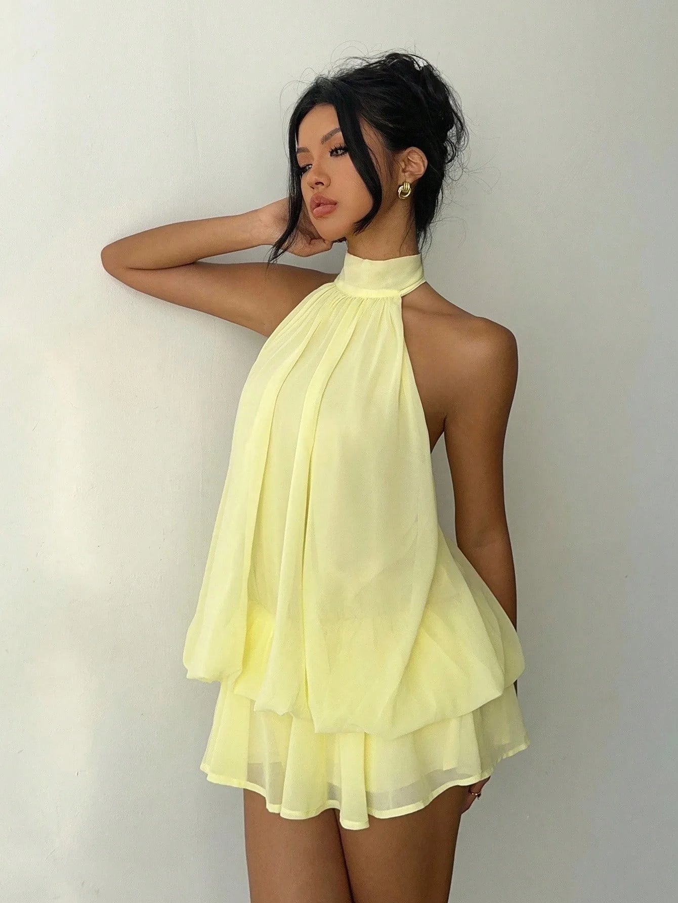 Women's High-Neck Sleeveless Layered Chiffon Mini Dress