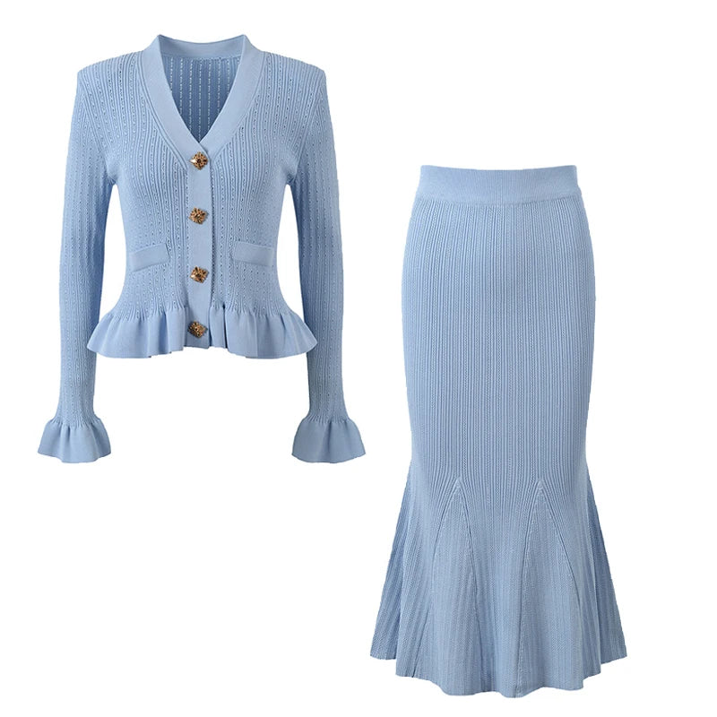 Elegant V-Neck Knit Mermaid Skirt Set