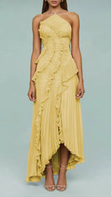 Elegant Lotus Edge Halter Maxi Dress