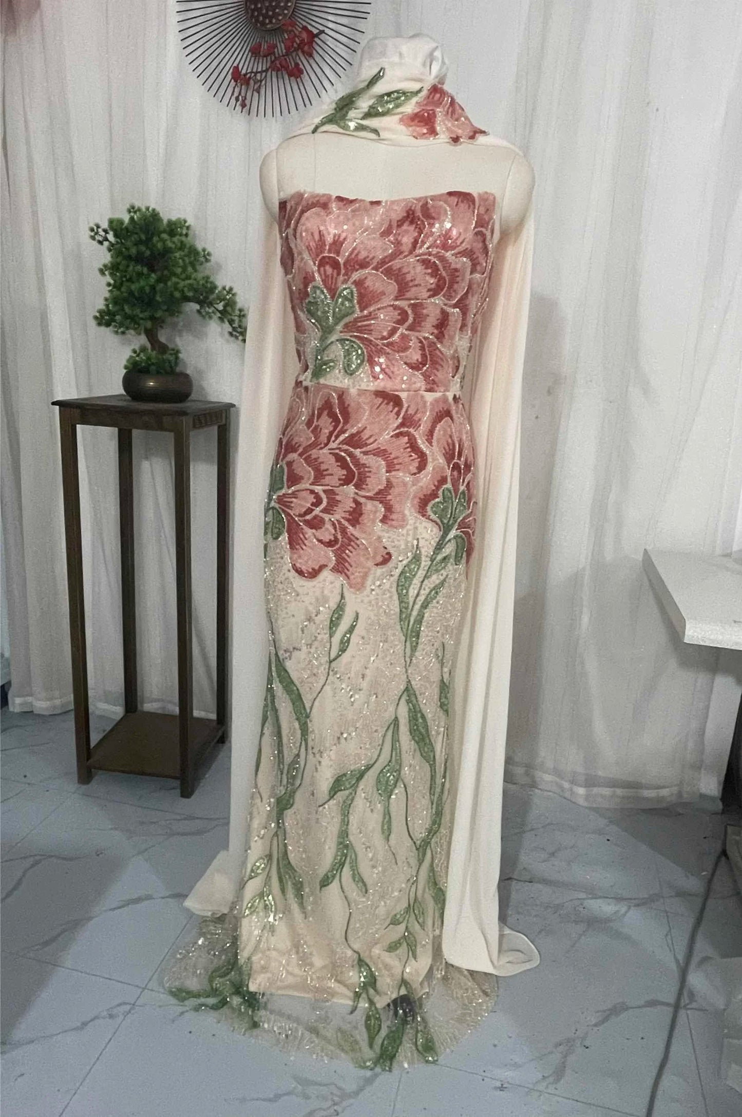 Embroidered Floral Sequin Mermaid Gown with Detachable Shawl