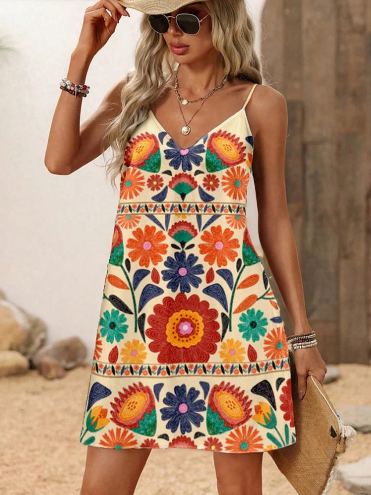 Elegant V-Neck Floral Vacation Dress