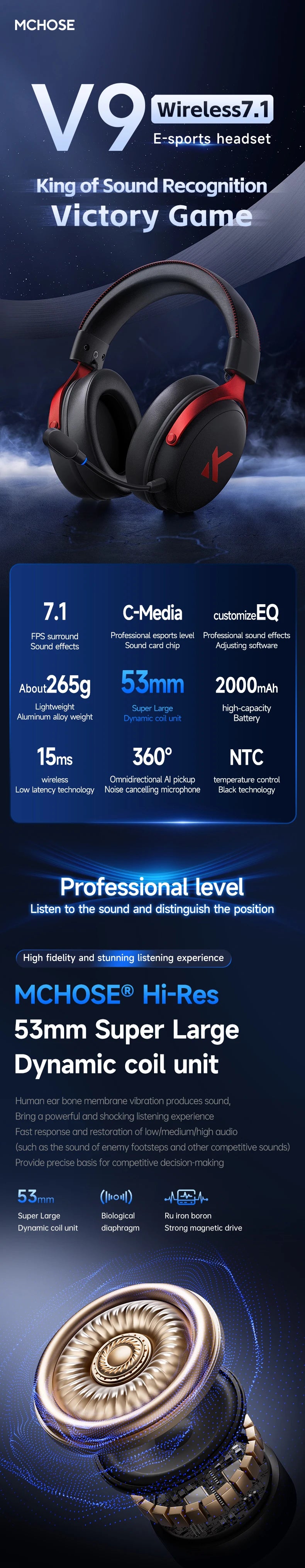 MCHOSE V9 Pro Gaming Headphones 2.4G BT5.3 Wireless BT5.3 Headset 7.1 FPS Surround Sound Earphones With Noise Reduction Mic