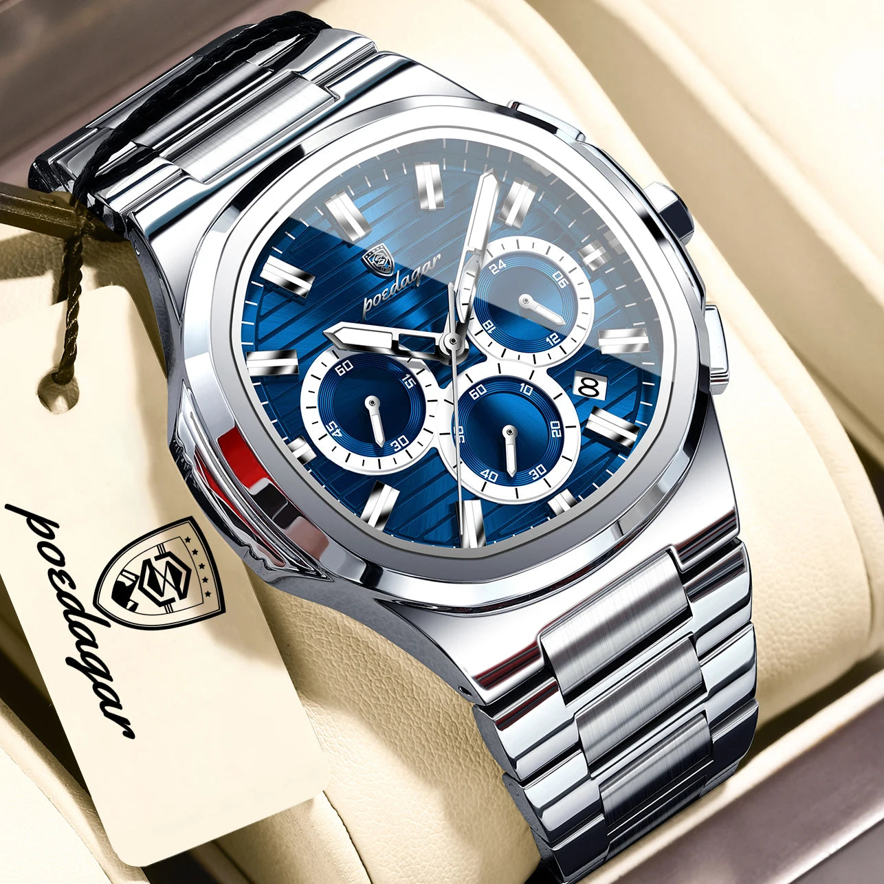 POEDAGAR Top High Quality Man Watch Luminous Waterproof Stainless Steel Men Clock Date Chronograph Quartz Business Men's Watches